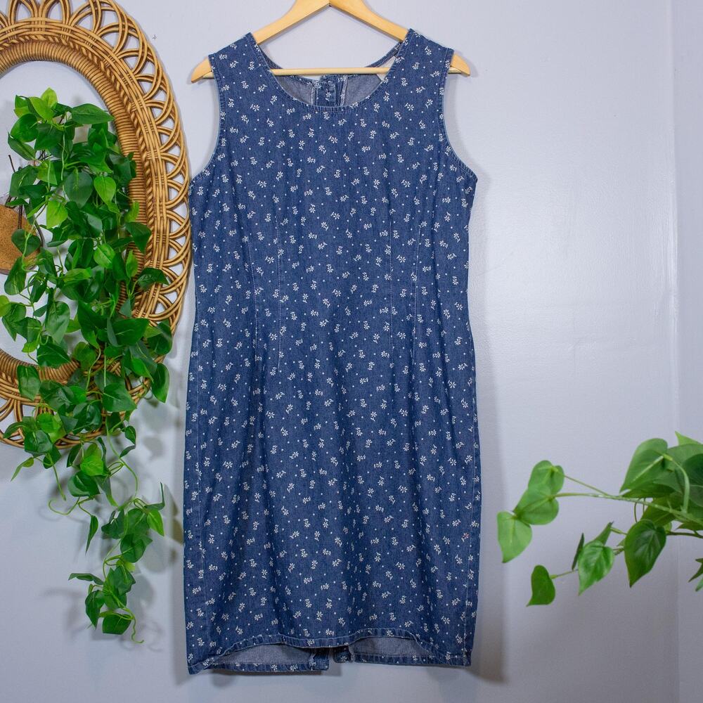 Blue Floral Denim Midi Dress Back Button Sleeveless 90s Cottage Vtg True Summer